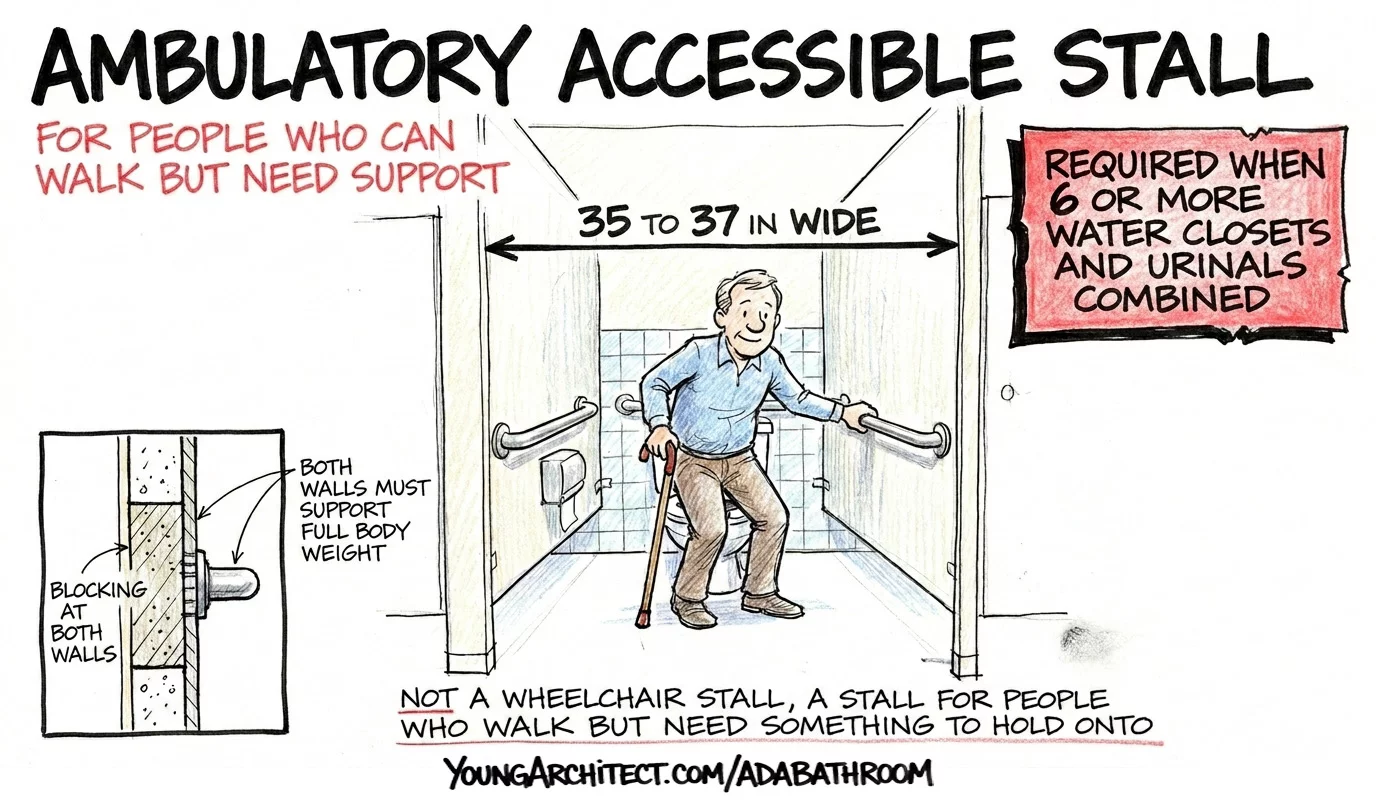 Ambulatory accessible stall with grab bars on both walls for people who walk but need support, required when 6 or more fixtures