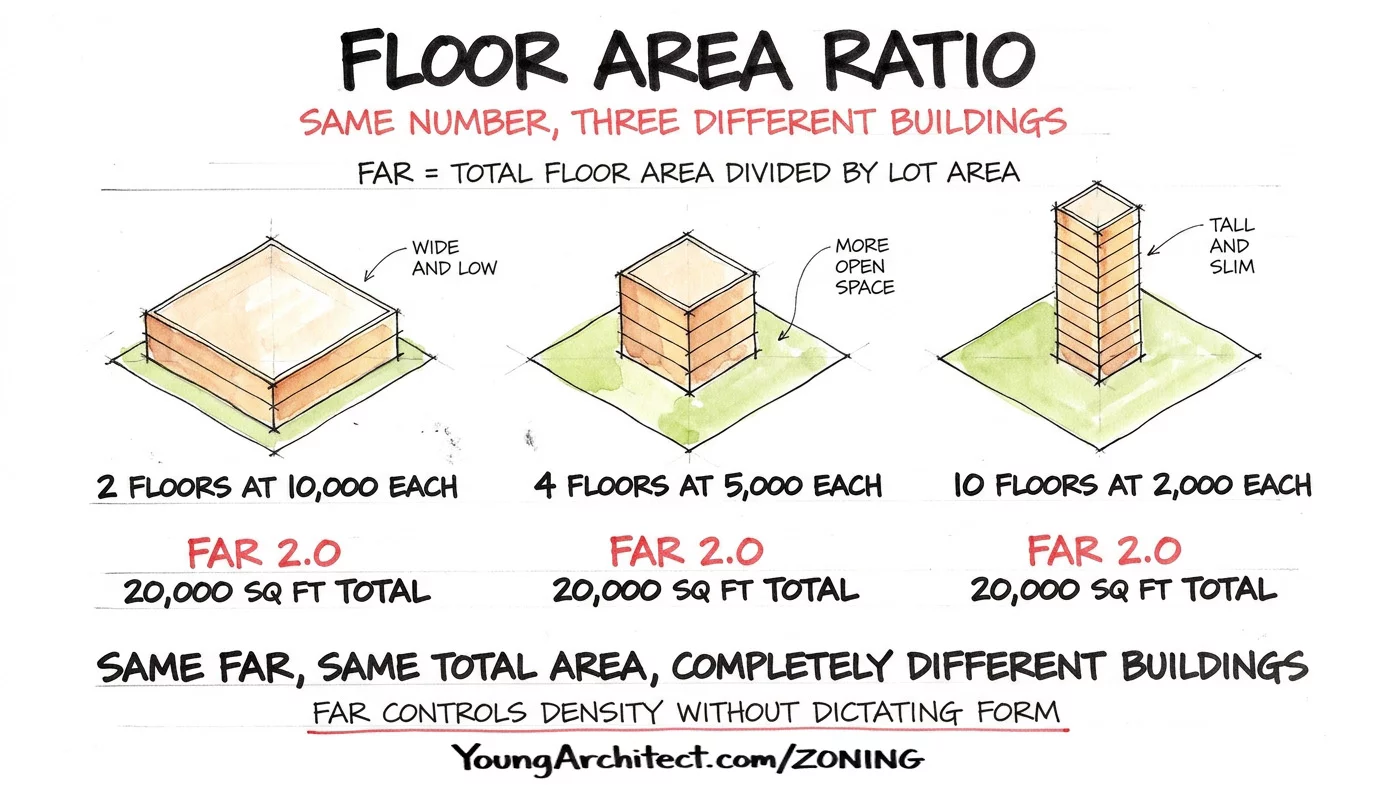 Floor area ratio diagram showing three buildings with FAR 2.0 on the same lot in different configurations