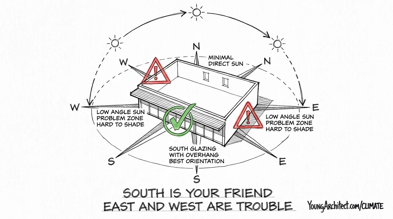 Building orientation diagram showing south glazing with overhangs and east-west low-angle sun problem zones