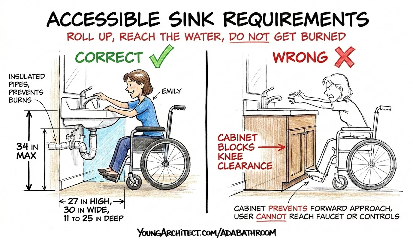 ADA accessible sink requirements showing correct knee clearance dimensions versus wrong cabinet blocking wheelchair approach