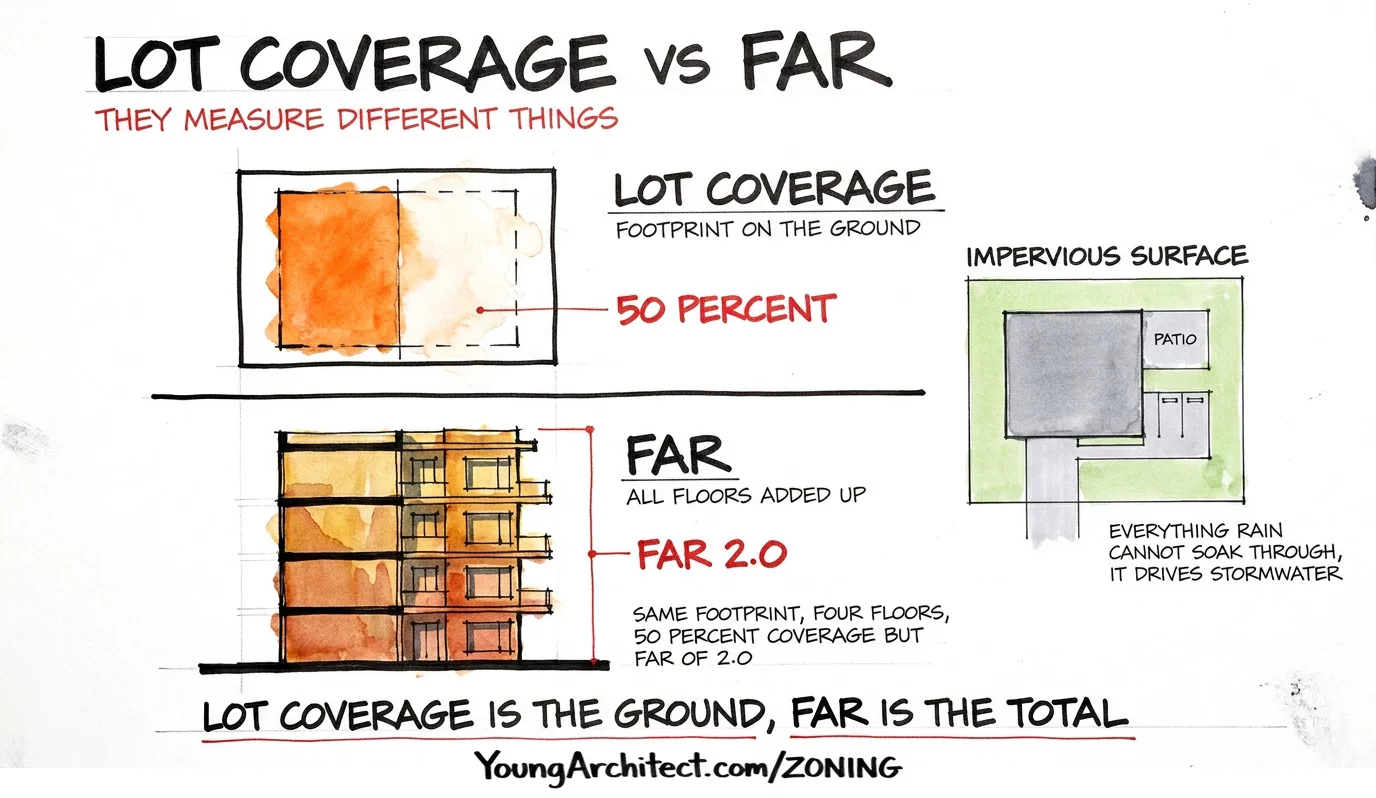 Lot coverage vs FAR showing building footprint percentage on the ground compared to total floor area with impervious surface callout