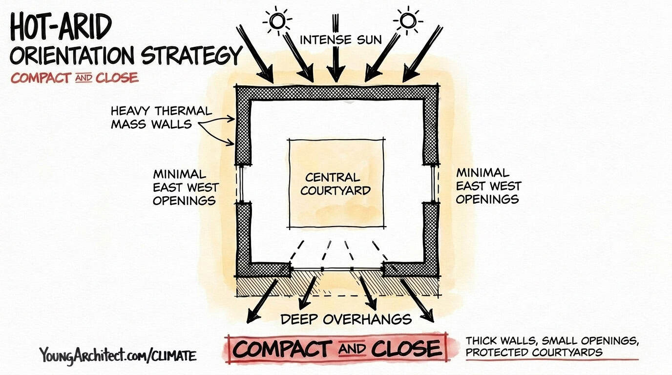 Hot-arid building orientation with central courtyard, thermal mass walls, and deep south overhangs