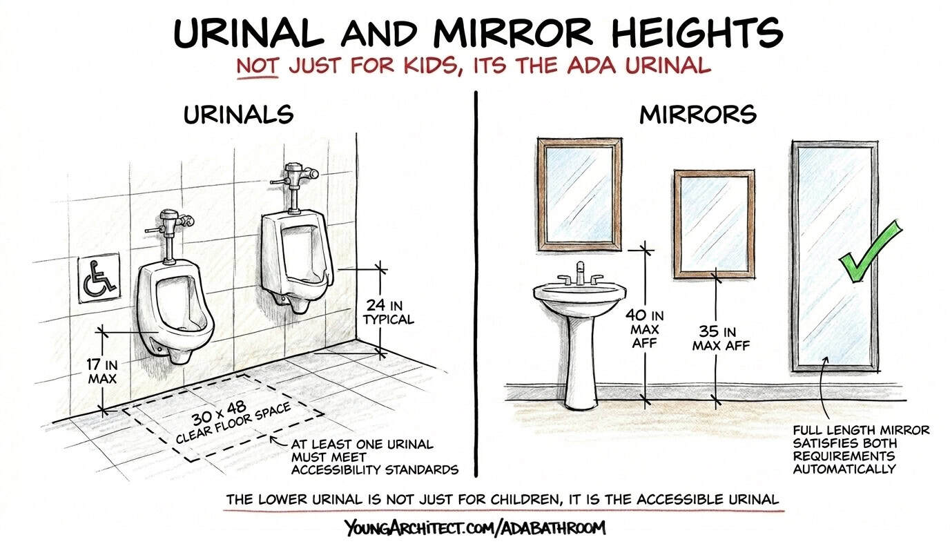 ADA urinal height at 17 inches max and mirror heights at 40 inches above sink or 35 inches standalone with full-length mirror option