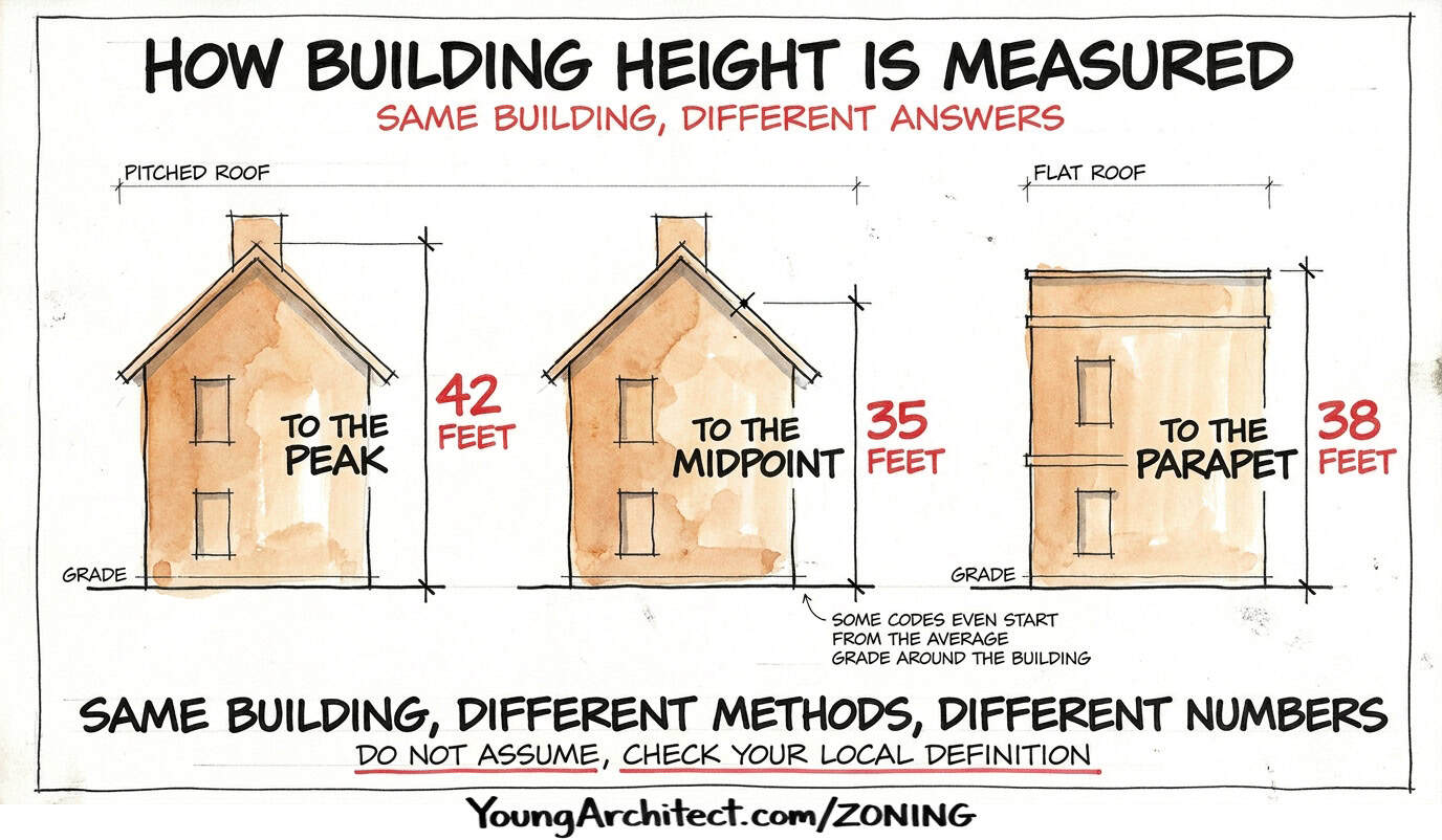 Building height measured three ways on the same building: to the peak, to the midpoint, and to the parapet with different results