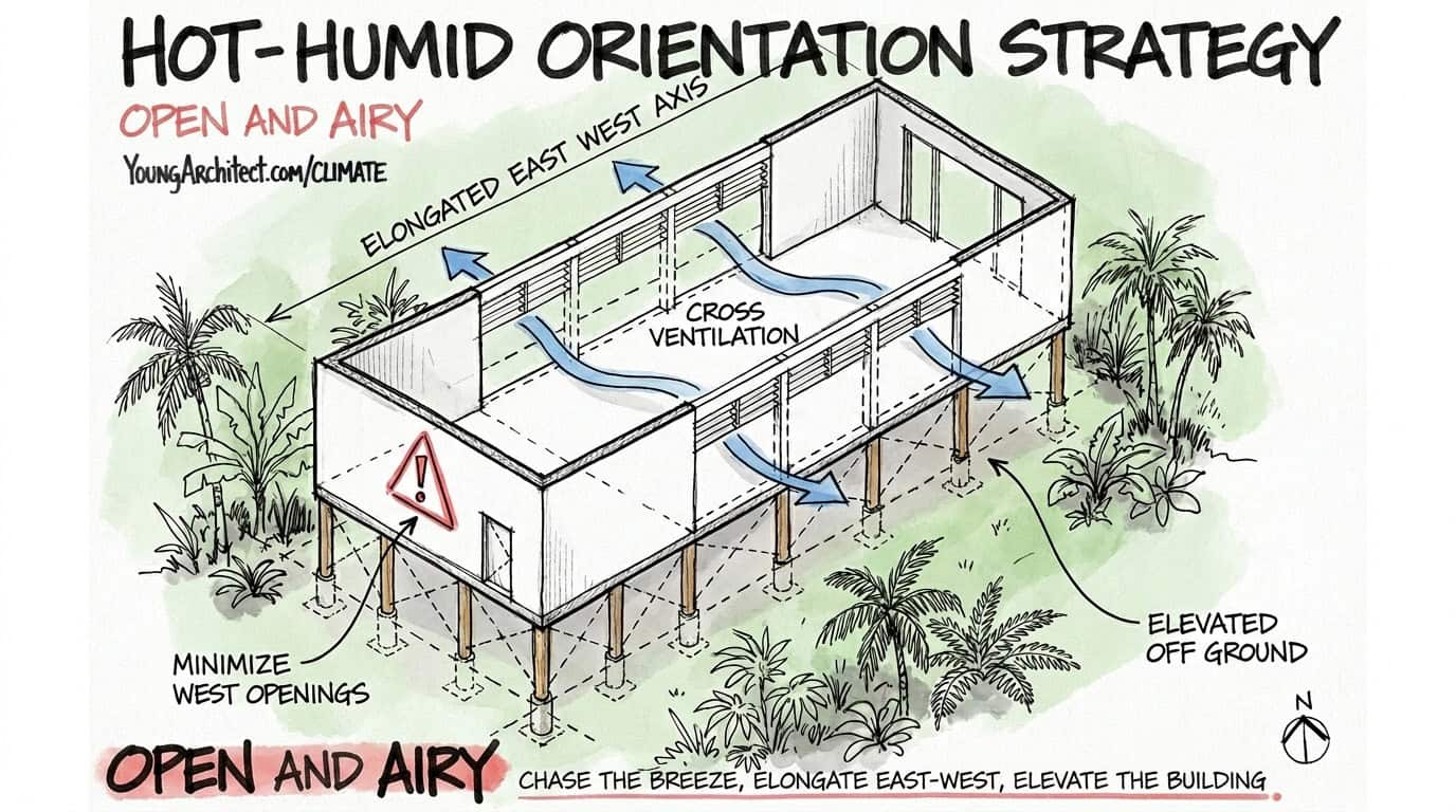 Elongated building catches cross-ventilation while elevated off the ground in a hot-humid climate