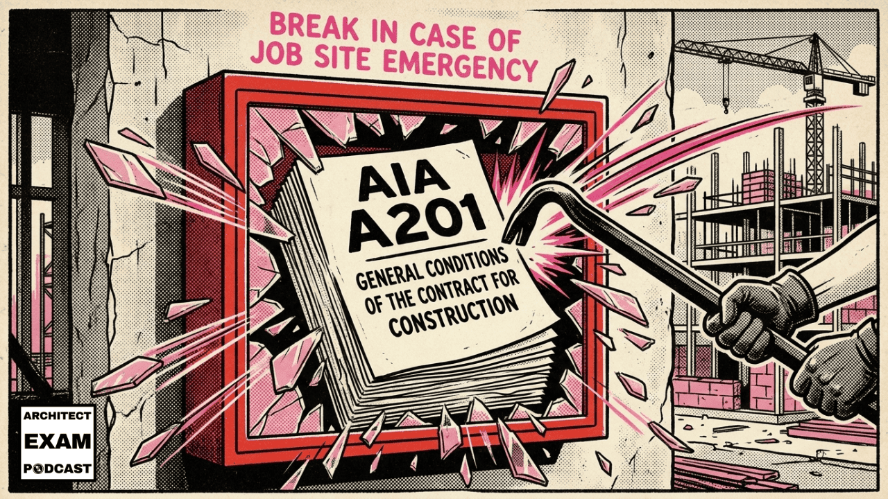 AIA A201 General Conditions document bursting through a break in case of job site emergency glass case on a construction site