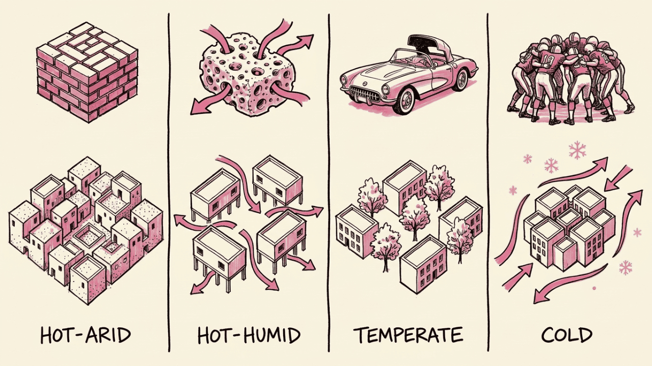 Building orientation strategies for four climate zones compared with urban site layout patterns