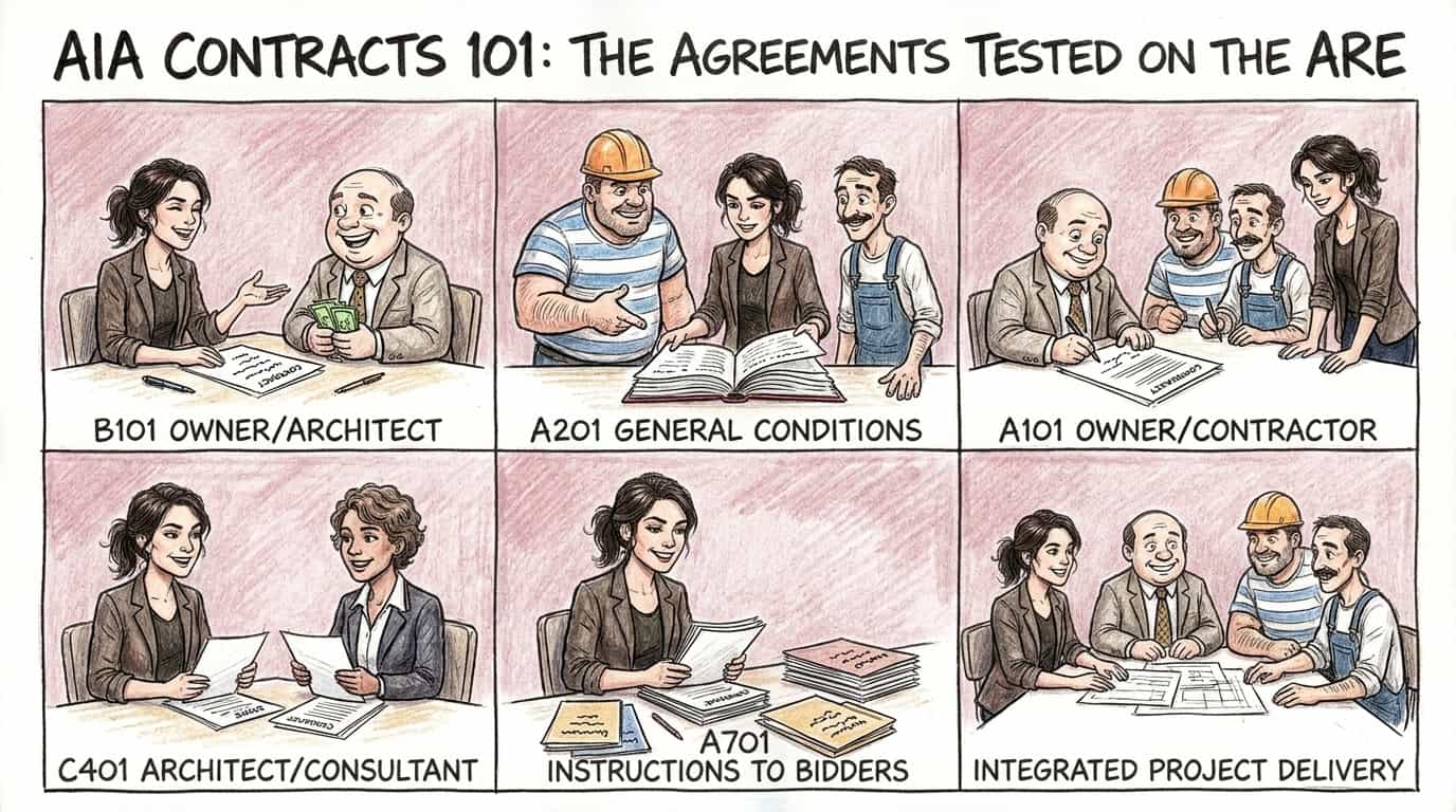AIA Contracts 101 topics: B101, A201 general conditions, A101, C401, A701, and IPD agreements