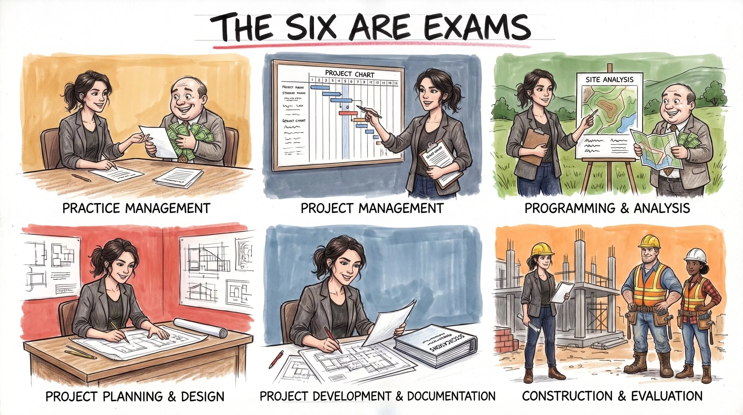 The six ARE exams: PcM, PjM, PA, PPD, PDD, and CE shown as illustrated scenes