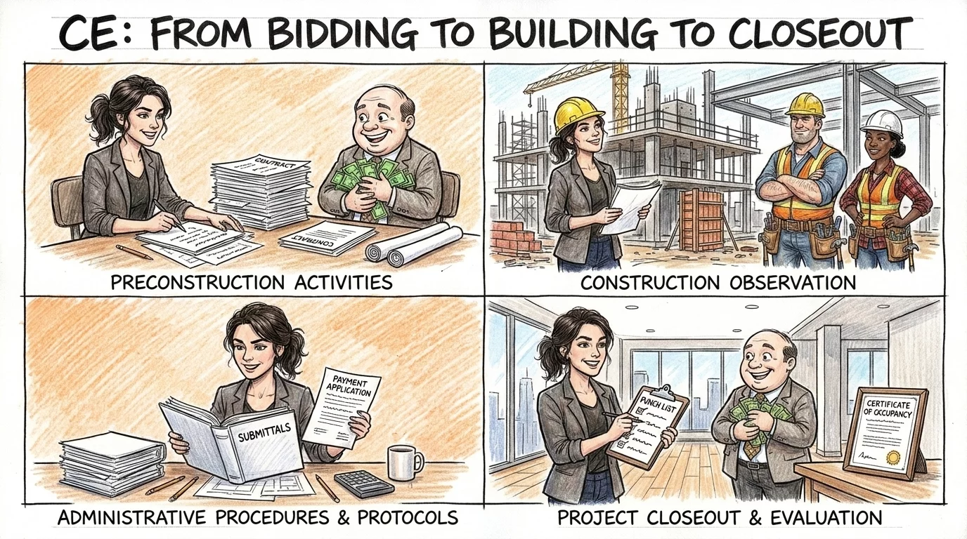 CE exam sections: preconstruction, construction observation, admin procedures, and project closeout