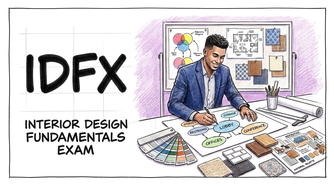 IDFX Interior Design Fundamentals Exam with color wheels and material swatches