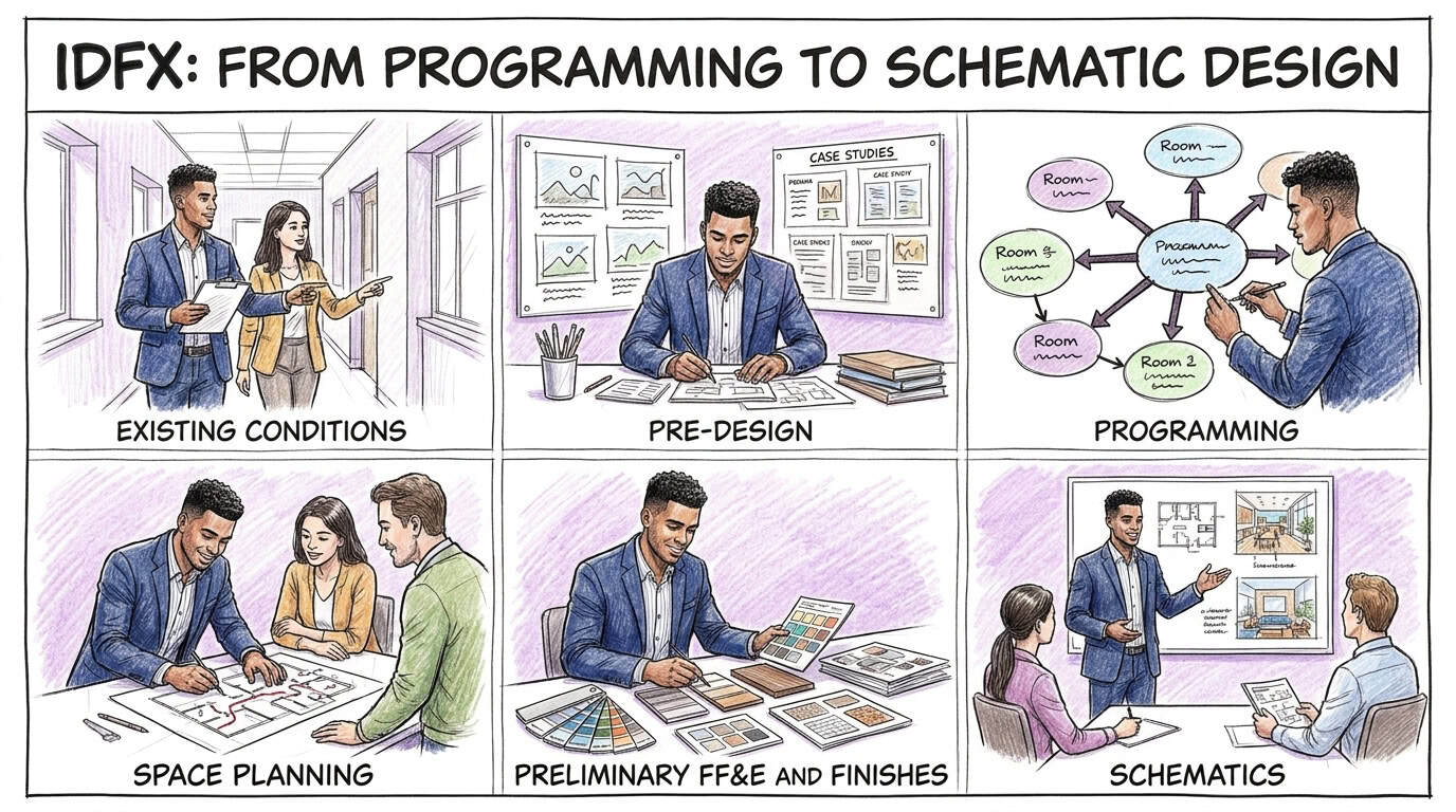 IDFX Exam phases from programming to schematic design including space planning and FF&E