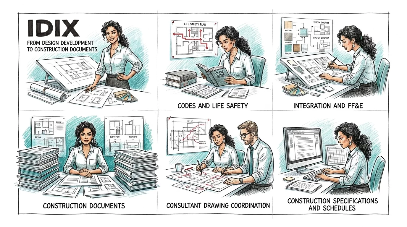 IDIX Exam phases from design development to construction documents and specifications