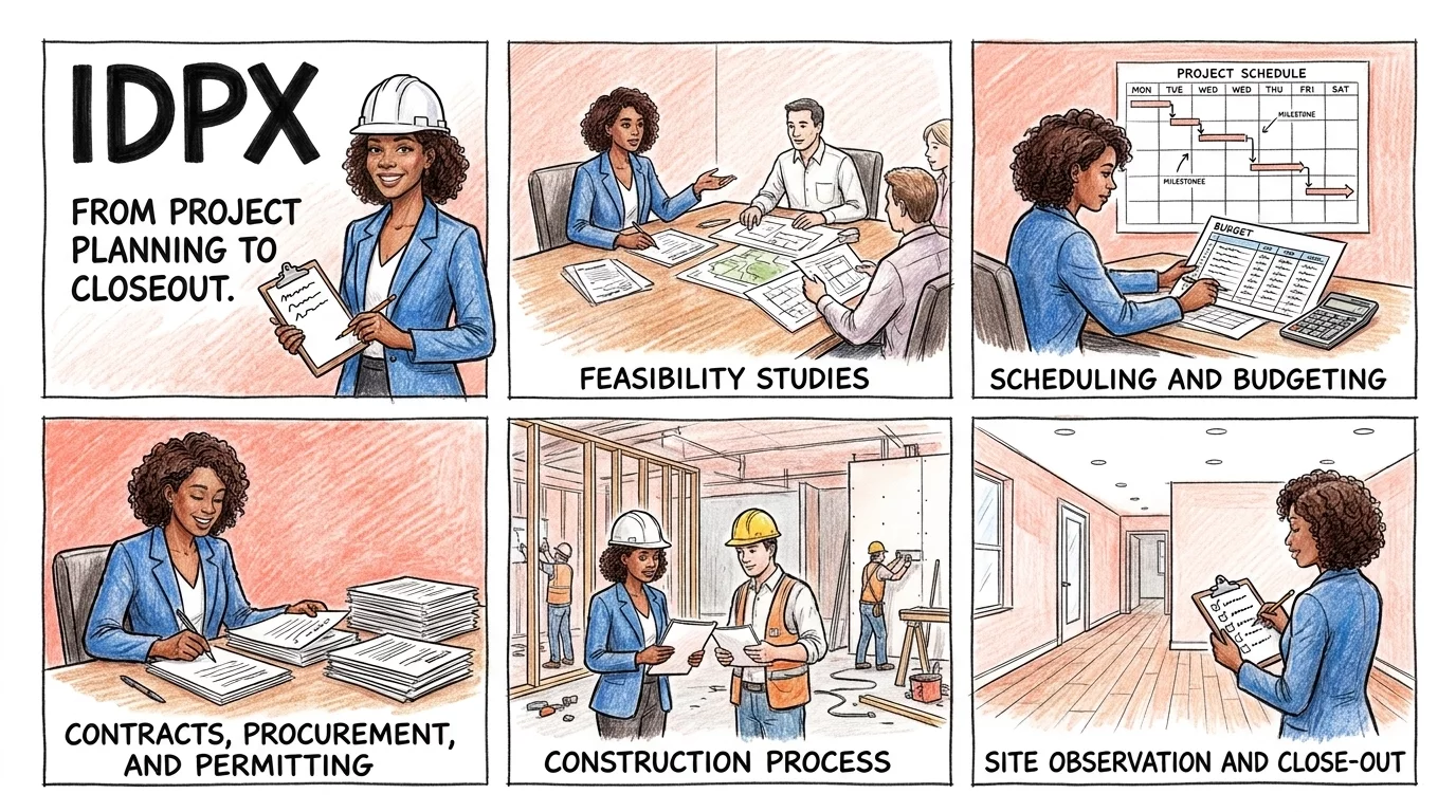 IDPX Exam phases from project planning to closeout including budgeting and site observation