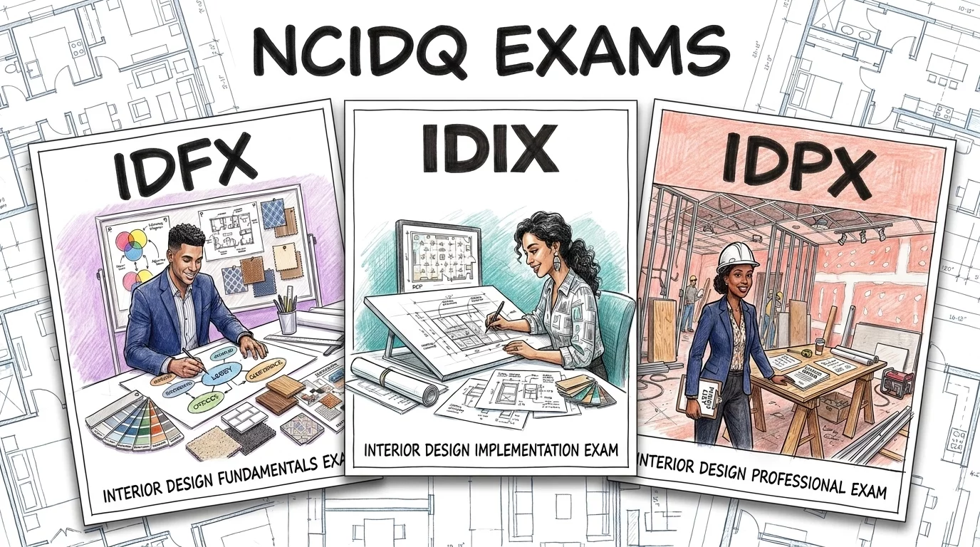 NCIDQ Exams overview showing the IDFX, IDIX, and IDPX exam sections