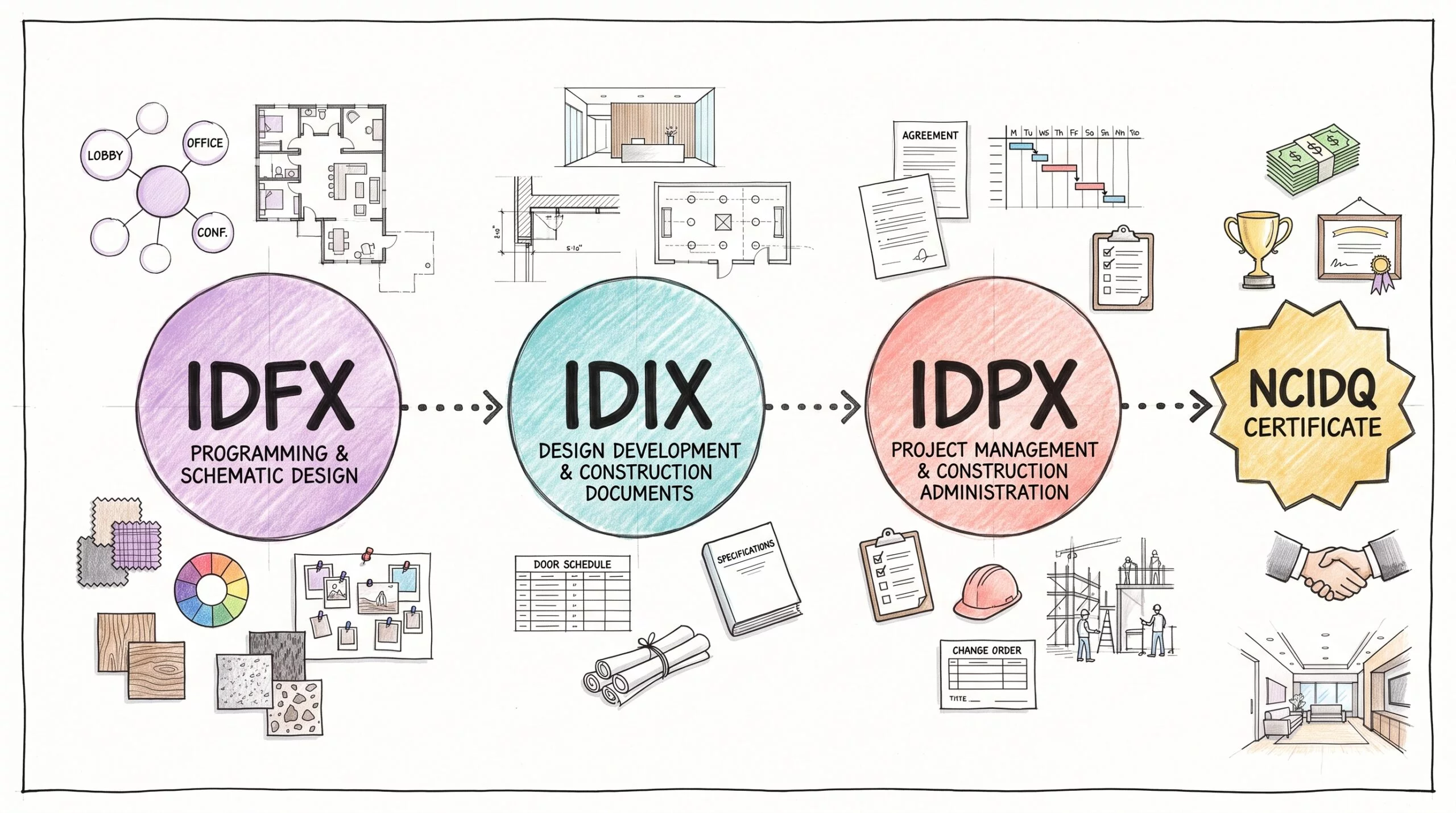NCIDQ certification pathway from IDFX to IDIX to IDPX to NCIDQ Certificate