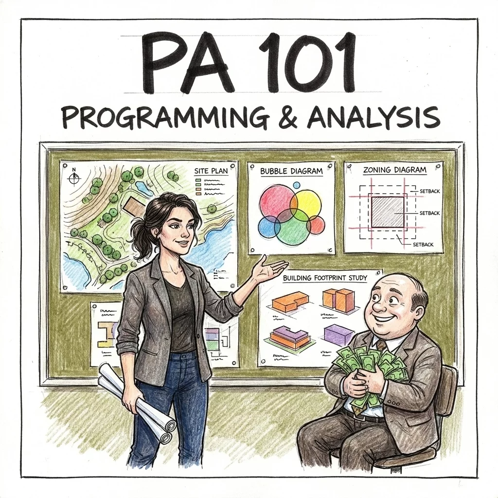 PA 101 Programming and Analysis exam prep with bubble diagrams and building footprints
