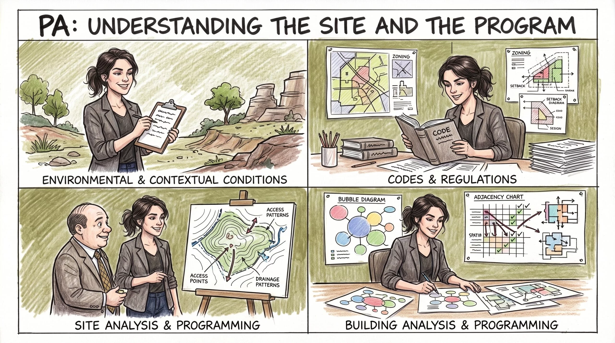 PA exam sections: environmental conditions, codes and regulations, site analysis, and building programming
