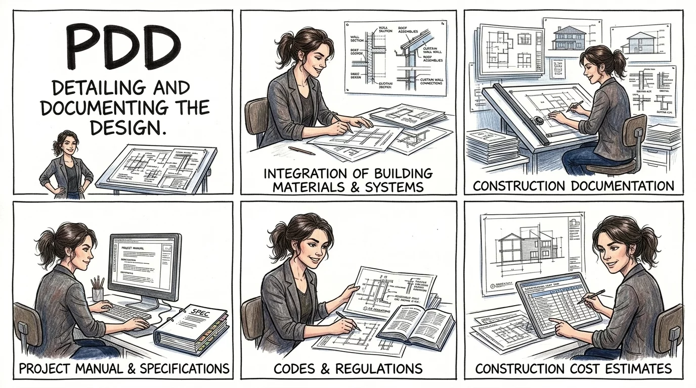 PDD exam sections: materials and systems, construction docs, specifications, codes, and cost estimates