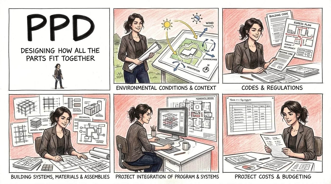 PPD exam sections: environmental context, codes, building systems, project integration, and costs
