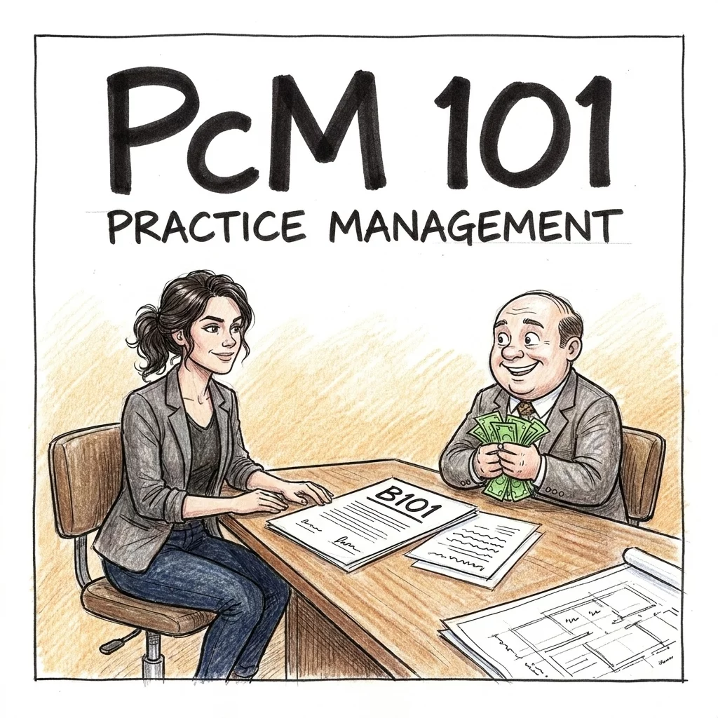 PcM 101 Practice Management exam prep with B101 agreement at a conference table