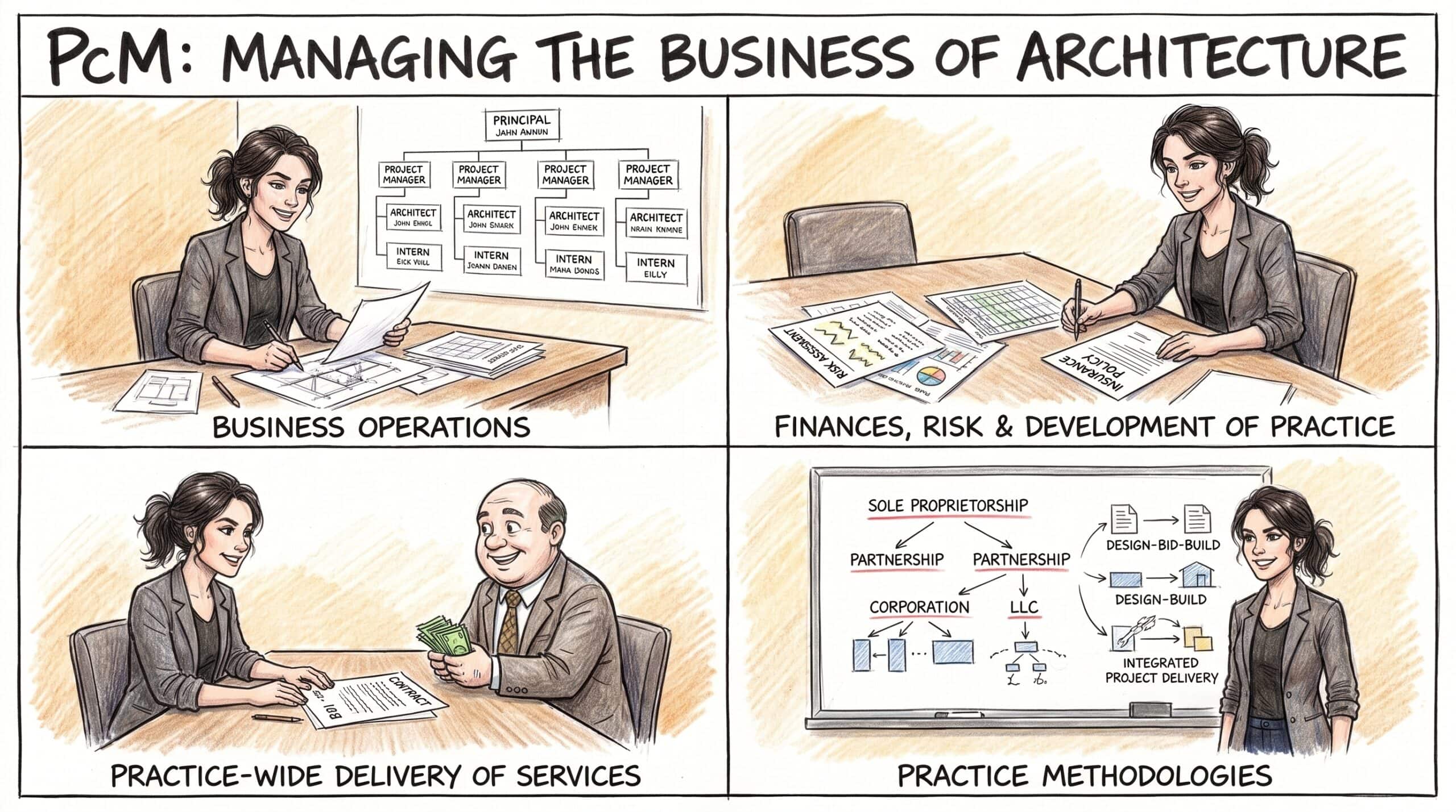 PcM exam sections: business operations, finances and risk, delivery of services, and practice methodologies