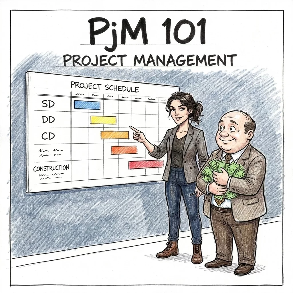 PjM 101 Project Management exam prep with a Gantt chart showing SD, DD, and CD phases