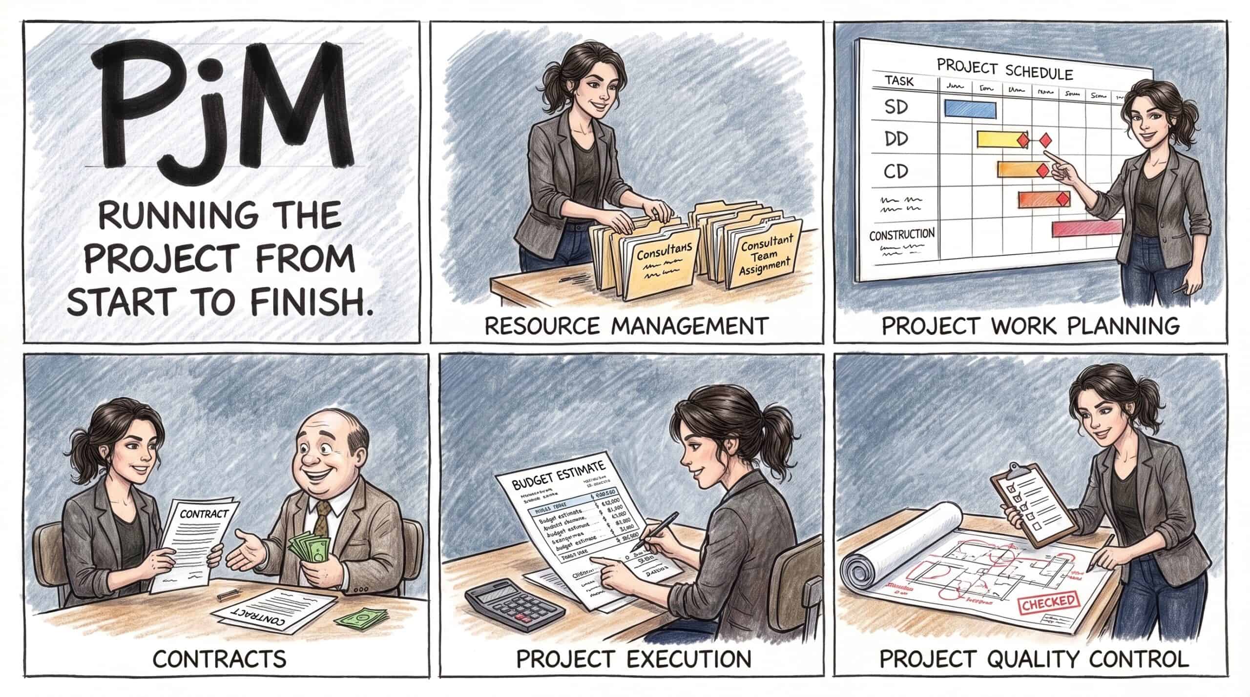 PjM exam sections: resource management, work planning, contracts, project execution, and quality control
