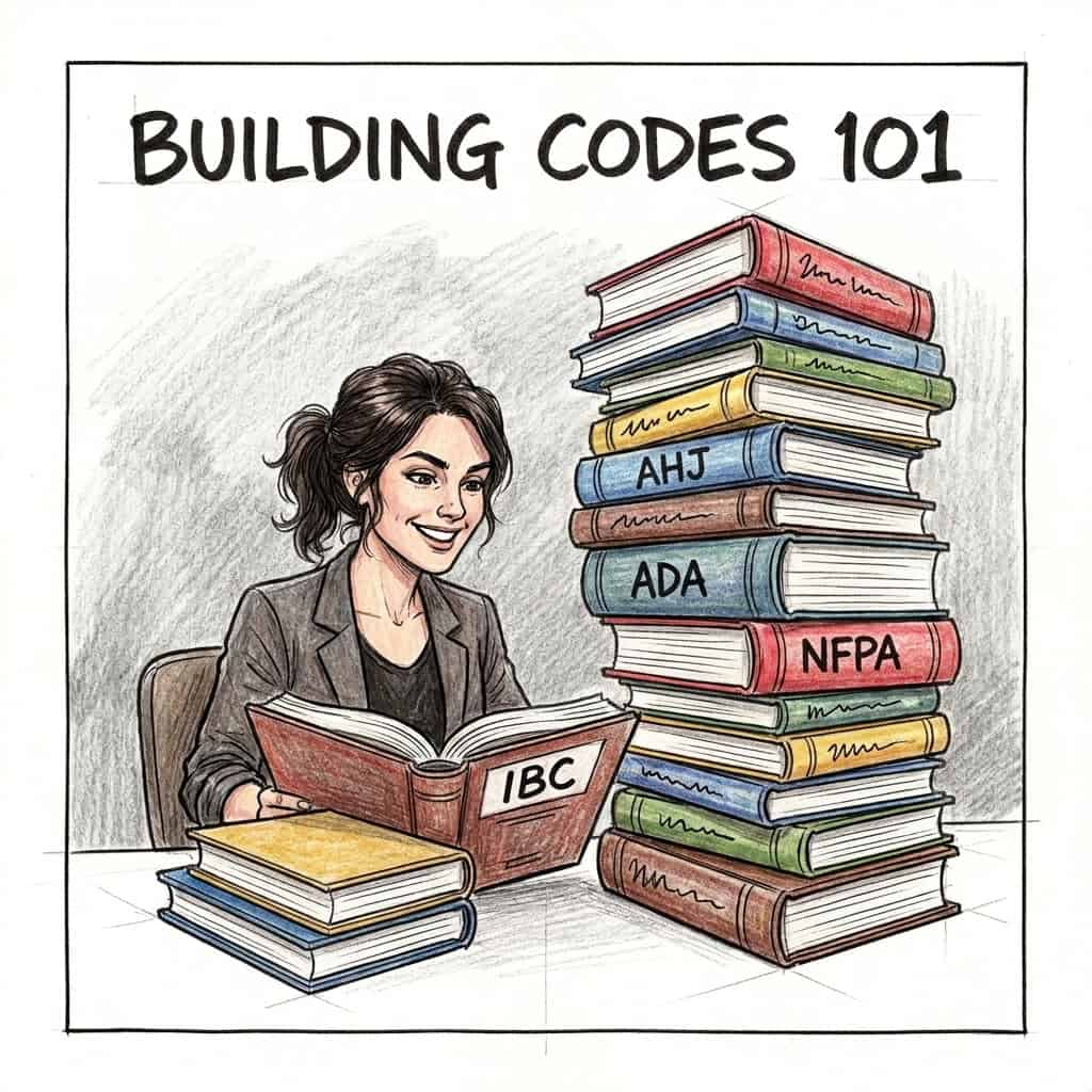 Building Codes 101 exam prep with architect reading IBC surrounded by code references