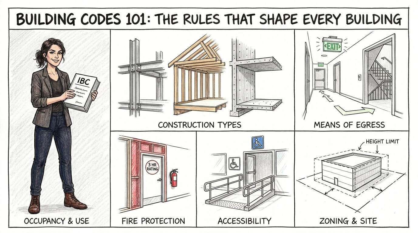 Building Codes 101 topics: construction types, means of egress, fire protection, accessibility, and zoning