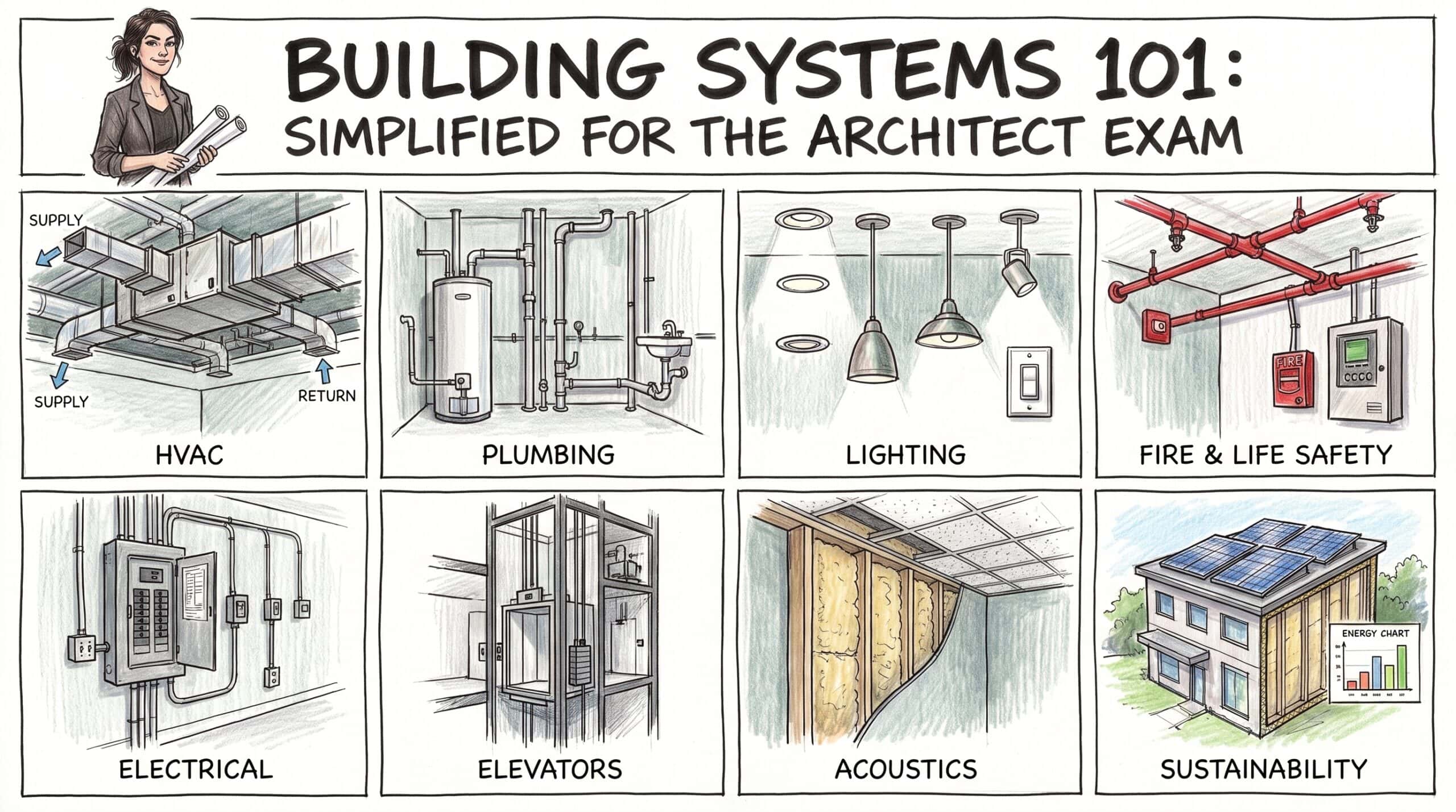 Building Systems 101 topics: HVAC, plumbing, lighting, fire safety, electrical, elevators, and acoustics