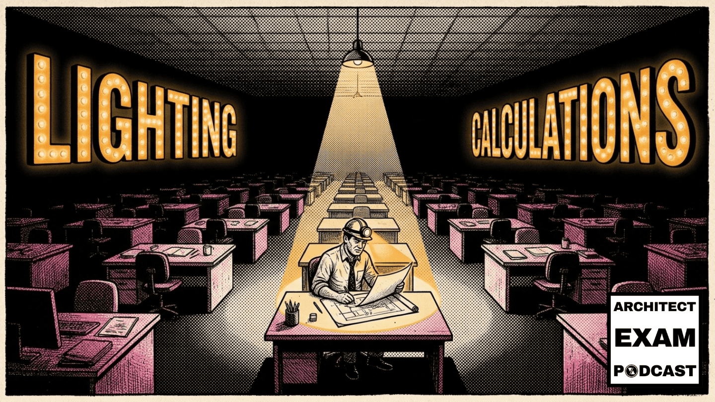 Lighting calculations featured image showing an architect working under a single pendant light in a dark office full of unlit desks